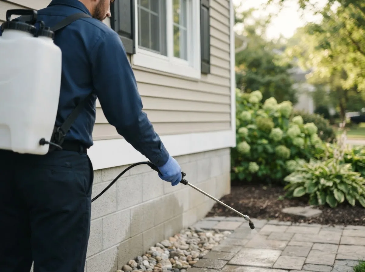 Pest control technician inspecting a home in Dryden, MI